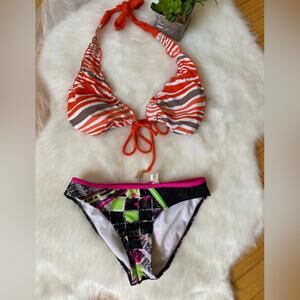 Orange and Brown Striped Bikini Set
